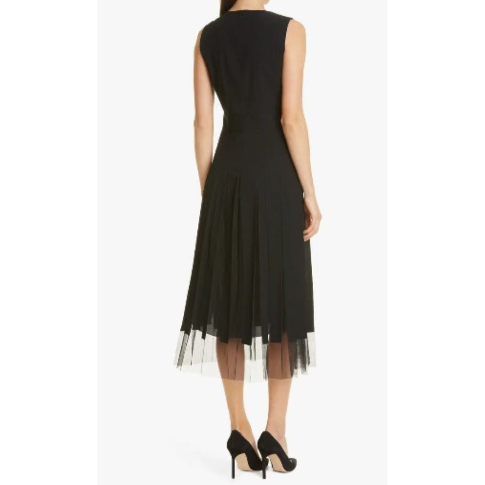 SOLD Hugo Boss Black Sleeveless Pleated Mesh Overlay Fit & Flare Midi Dress Sz - Picture 3 of 13
